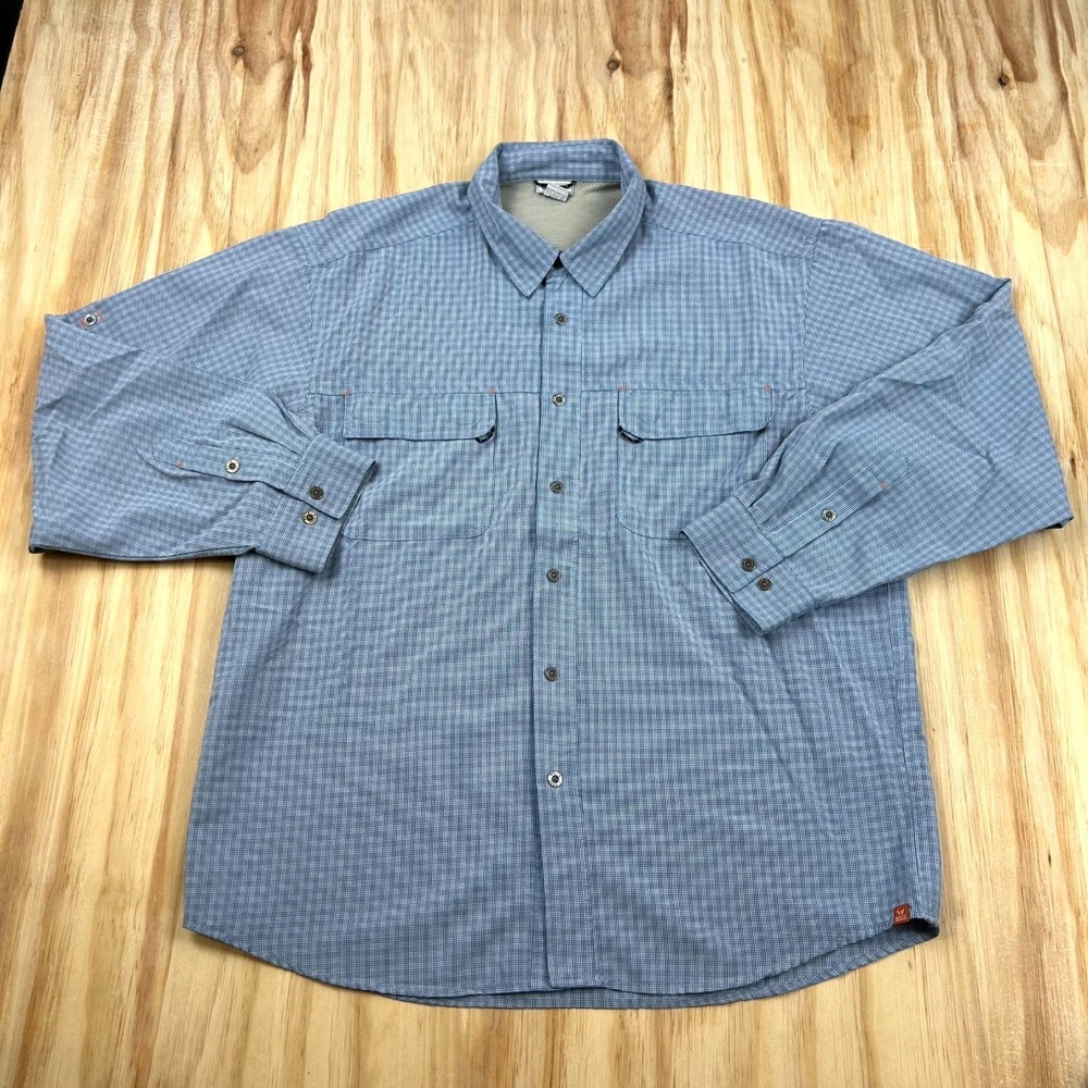White Sierra Cancun Shirt Mens XL Blue Plaid Button Front Outdoor Fishing Safari